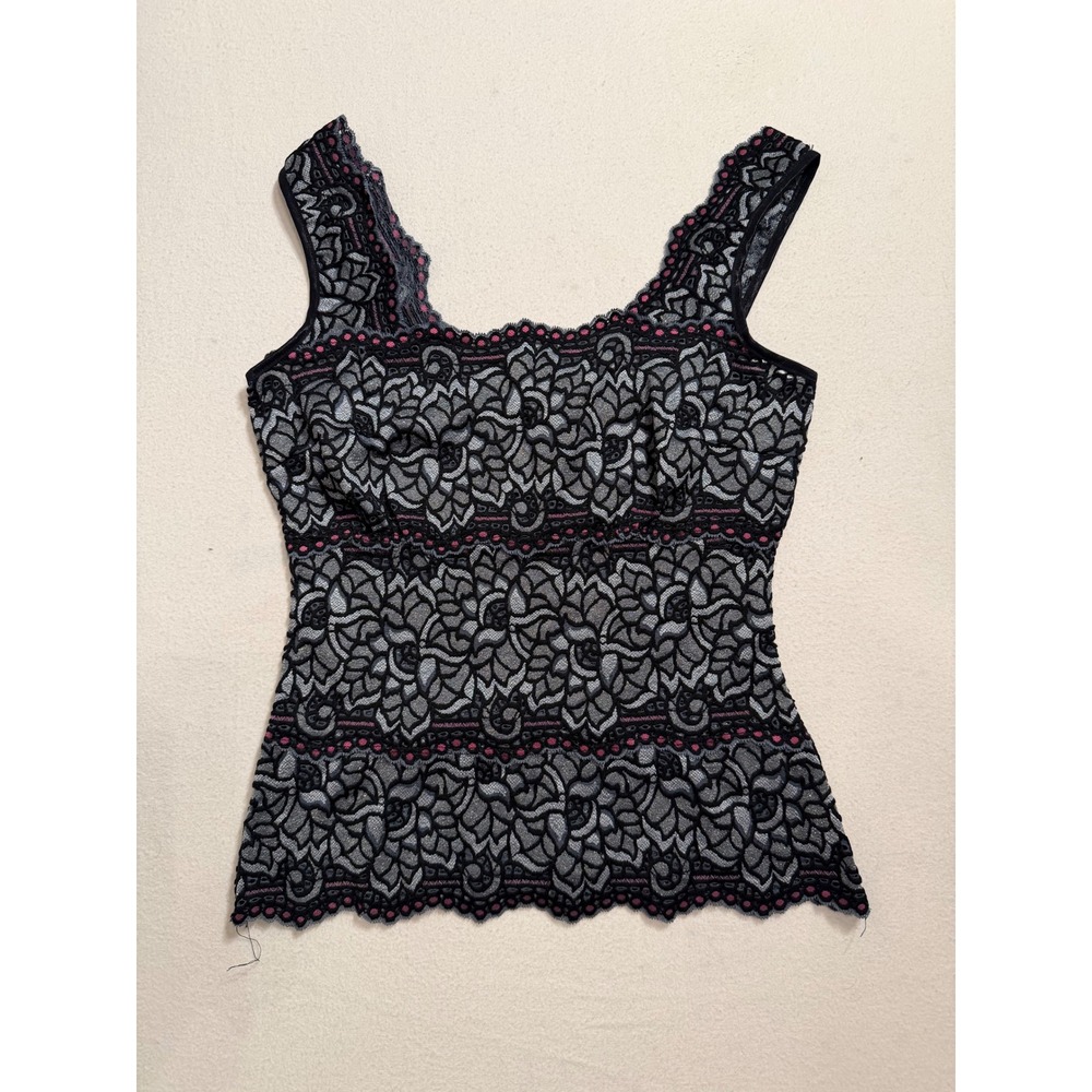 Cache Vintage Y2K Silver Metallic Floral Lace Tank Top Black Pink Small 20120
